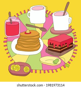 Tea party with cakes, pastries, cookies, sweets.
