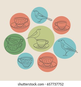Tea party card. Tea cups and birds icons. Vector illustration.