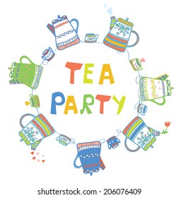 Tea party card with pots and cups cute design