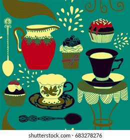 Tea party card, seamless pattern design.