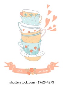 Tea party card with a stack of cute colorful cups. EPS 10. No transparency. No gradients.