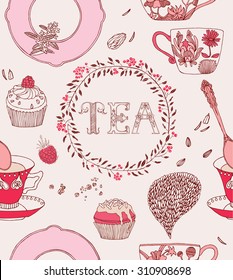 Tea party card. Teacups with flowers and sweets. Vector illustration.
