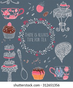 Tea party card. Teacups with flowers and sweets. Vector illustration.