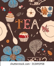 Tea party card. Teacups with flowers and sweets. Seamless pattern.