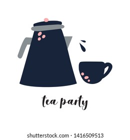 Tea party card.Vector print with tea pot and cup.
