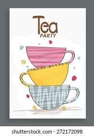 Tea Party celebration invitation card design decorated with colorful cups.