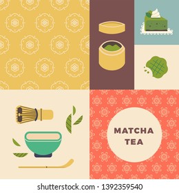 Tea party or tea ceremony layout with floral patterns, matcha green powder tea items, matcha based desserts 