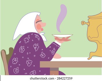 Tea party, tea ceremony. Russian samovar. Vector