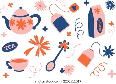 Tea party, tea ceremony, vector illustration, clipart, stickers, badges, symbols, autumn, warming drinks, service 