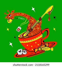 Tea party with cheerful colorful giraffe. Little giraffe character. Illustration for a children's cafe or postcard. Cup of tea or delicious chocolate 