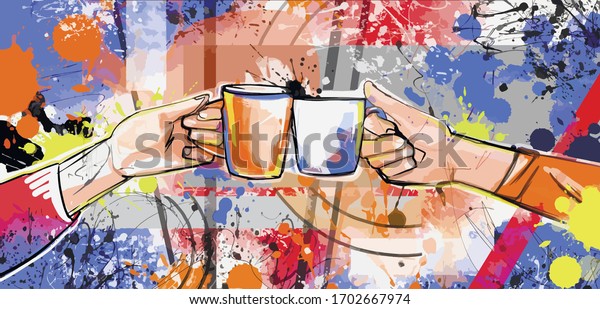 Tea party Coffee and hands. Hands are drawn to each other. Coffee house. Bright illustration for a café.