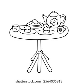 Tea party, coffee table. Teapot with cups. Black and white illustration, hand drawn coloring.