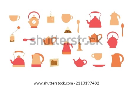 tea party, a collection of elements of the tea ceremony. teapots, mug and saucer, spoon and tea bag