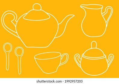 Tea party collection, teapot, mug, sugar bowl, spoons, tea bags, breakfast, minimalist style, doodle illustration, cartoon icons, time to drink tea