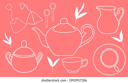 Tea party collection, teapot, mug, sugar bowl, spoons, tea bags, breakfast, minimalist style, doodle illustration, cartoon icons, time to drink tea