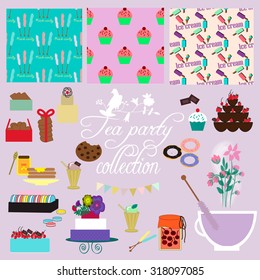 Tea party collection with three seamless pattern and elements for design