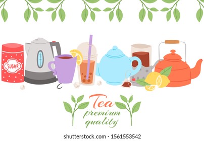 Tea party collection, vector illustration. Cup of bubble and herbal tea on spring background, herbs, teapot and teakettle with text. Card, poster, party invitation cartoon design.
