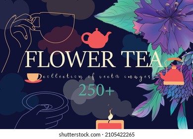Tea party. Cornflowers, hand with a mug, teapot, tea bag. Herbal engraved style illustration.