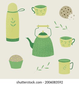 tea party cozy green tea set vintage picnic home sweet home cozy hygge home kitchen design retro teacup restaurant cafe menu porcelain teacup mug muffin kettle thermos happiness illustration vector