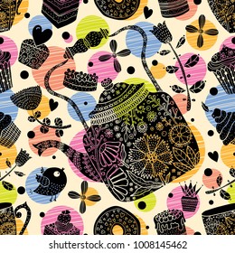 Tea party. Cute seamless pattern.