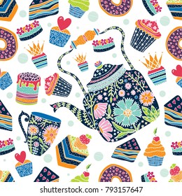 Tea party. Cute seamless pattern.