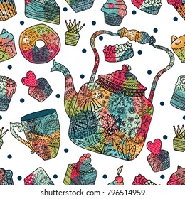 Tea party. Cute seamless pattern.