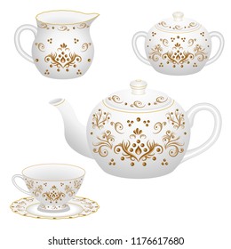 Tea party decorative porcelain table set ornate with golden vintage floral pattern in traditional oriental design style. Isolated teapot, tea cup, milk jug and sugar bowl. Vector illustration