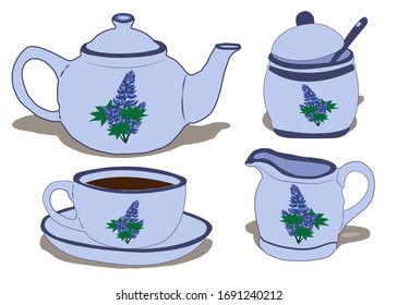 Tea party Decorative tea set with a floral pattern. Isolated teapot, tea cup, jug of milk and sugar bowl. Vector illustration.