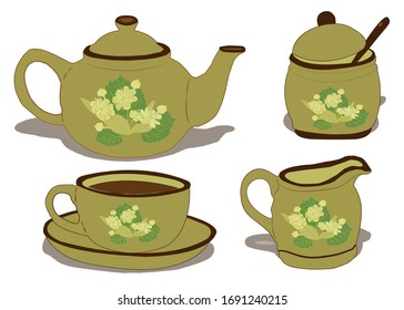 Tea party Decorative tea set with a floral pattern. Isolated teapot, tea cup, jug of milk and sugar bowl. Vector illustration.