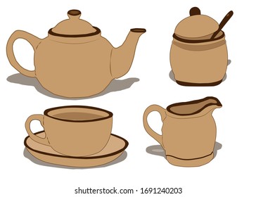  Teeparty. Dekorativer Teeservice. Einzelne Teekanne, Teebecher, Milchkrug und Zuckerschüssel. Vektorillustration.