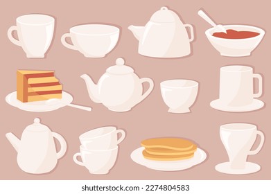 Tea Party And Dessert set icons concept in the flat cartoon design. Image of beautiful tableware for tea and desserts. Vector illustration.
