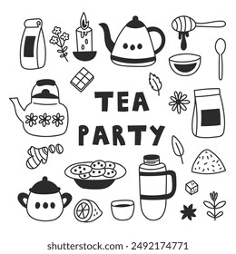 Tea Party Doodle Elements Set. Hand drawn Hot Drinks and ingredients icons and symbols. Isolated hygge signs. Vector illustration outline style