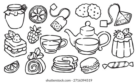 Tea party, doodle vector illustration. Set of desserts, sweets, and tea.