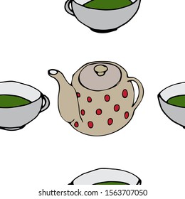 Tea party drawn pattern. Color with contour illustration. Cute cup of tea, teapot,  in cartoon style. Vector illustration. Seamless texture.