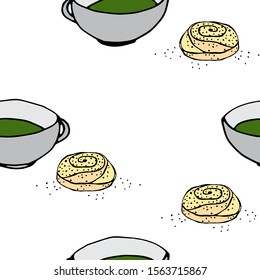 Tea party drawn pattern. Color with contour illustration. Cute cup of tea,  poppy bun in cartoon style. Vector illustration. Seamless texture.