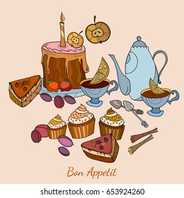 Tea party, tea drinking hand drawn vector. Teapot, cake, cups concept