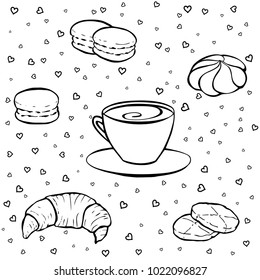 Tea party elements. Black and white hand drawn objects for invitations, patterns, cards, envelopes and sweet notes on Valentine's Day. Coloring book