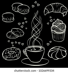 Tea party elements. Black and white hand drawn objects for invitations, patterns, cards, envelopes and sweet notes on Valentine's Day. Coloring book