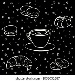 Tea party elements. Black and white hand drawn objects for invitations, patterns, cards, envelopes and sweet notes on Valentine's Day. Coloring book