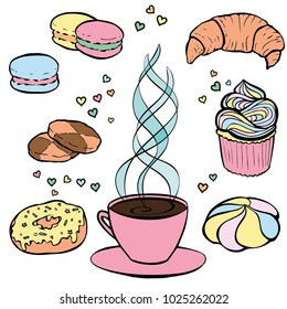 Tea party elements. Colorful hand drawn objects for invitations, patterns, cards, envelopes and sweet notes on Valentine's Day. Isolated on white