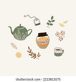 Tea party elements, stickers, tea, lemon, cookies, teapot and cup