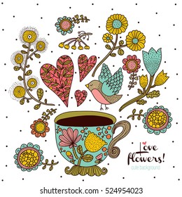 Tea party with flowers and bird. Cute vector postcard.