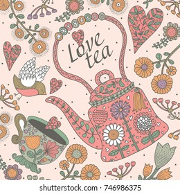 Tea party with flowers and bird. Cute vector postcard.