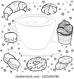 Tea party frame. Black and white hand drawn border for menus, invitations, cards, envelopes and sweet notes on Valentines Day. Coloring book