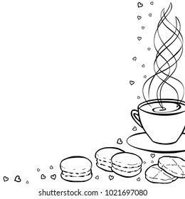 Tea party frame. Black and white hand drawn border for menus, invitations, cards, envelopes and sweet notes on Valentines Day. Coloring book