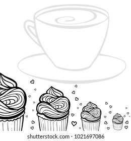 Tea party frame. Black and white hand drawn border for menus, invitations, cards, envelopes and sweet notes on Valentines Day. Coloring book