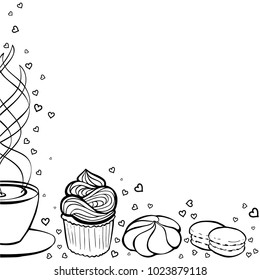 Tea party frame. Black and white hand drawn border for menus, invitations, cards, envelopes and sweet notes on Valentines Day. Coloring book