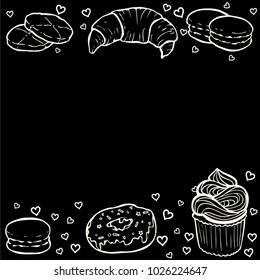 Tea party frame. Black and white hand drawn border for menus, invitations, cards, envelopes and sweet notes on Valentines Day. Coloring book