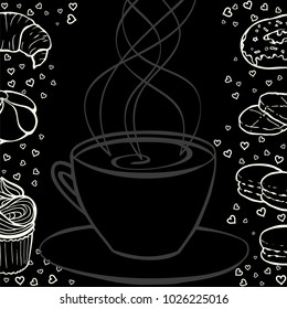 Tea party frame. Black and white hand drawn border for menus, invitations, cards, envelopes and sweet notes on Valentines Day. Coloring book