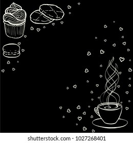 Tea party frame. Black and white hand drawn border for menus, invitations, cards, envelopes and sweet notes on Valentines Day. Coloring book